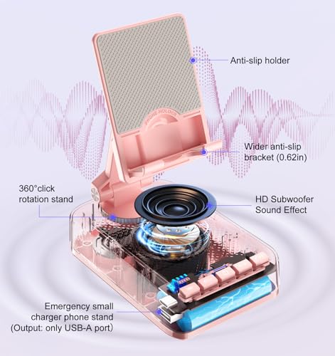 Gifts for Women Girls, Phone Stand with Bluetooth Speaker and Charging Function 360° Rotable Angle Adjustable Cell Phone Holder with HD Stereo Sound Fits All Phones,Tablet (Pink) - color: Pink