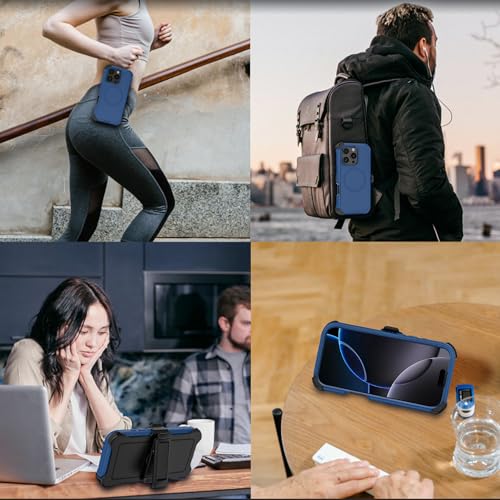 Compatible with iPhone 16 Pro Max Case, with Belt Clip Holster Heavy Duty Magnetic Wireless Charging Full Body Protection Kickstand Cover for iPhone 16 Pro Max 6.9 inch Phone (Navy Blue) - color: Navy Blue