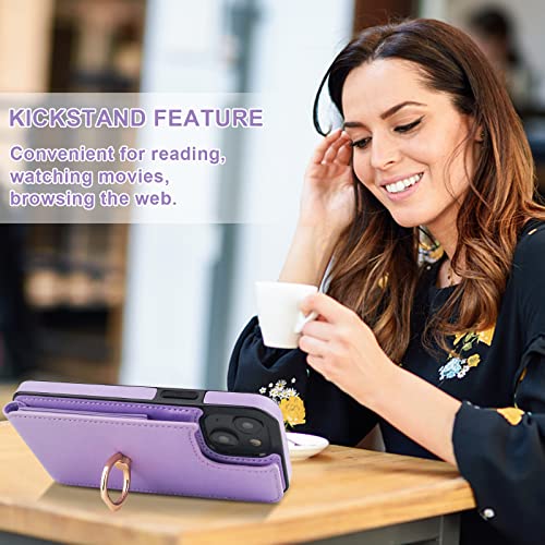 Folosu Compatible with iPhone 14 Plus Case Wallet with Card Holder, 360°Rotation Finger Ring Holder Kickstand, RFID Blocking Leather Protective Double Buttons Shockproof Cover 6.7 Inch Purple - color: Purple, size: iPhone 14 Plus