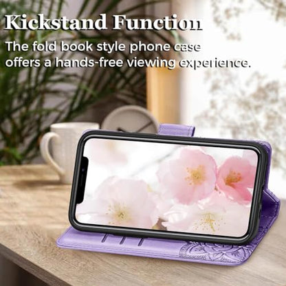 for iPhone 12 Pro/iPhone 12 Wallet Case,Women Flip Folio Cover with Butterfly Embossed PU Leather Kickstand Credit Card Holder Slots Wrist Strap for iPhone 12/12 Pro 6.1 inch (Lavender) - color: Lavender