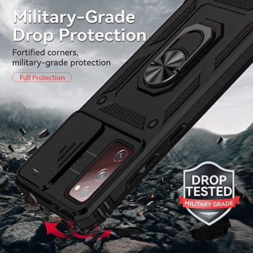 for Samsung Galaxy S20 FE 5G Case with Camera Lens Cover HD Screen Protector, Military-Grade Drop Tested Magnetic Ring Holder Kickstand Protective Phone Case for Samsung Galaxy S20 FE 5G (Black) - color: Black with camera cover Military-Grade 2nd gen