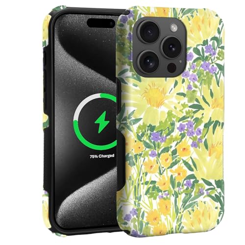 Case for iPhone 15 Pro Max | Anti-Slip Side Handle| Bold Protective Design | Compatible with MagSafe | Bright Yellow Wildflowers | - color: Bright Yellow Wildflowers, size: iPhone 15 Pro Max