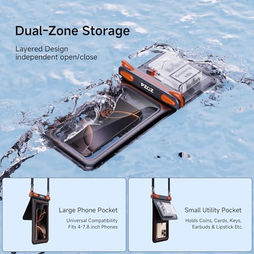 pzoz Waterproof Phone Pouch Universal Case Double Bag Easy Lock & Heavy Duty IPX8 for iPhone/Samsung/Airpods/Apple Watch/Cigarettes/lighters/Keys/Card Dry Protector Waterproof Storage Black-Orange