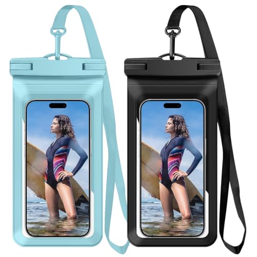 Waterproof Phone Pouch for iPhone 17 16 15 Pro Max IPX8 Black+Blue | Card Pocket, Lightweight, Large Cellphone Dry Bag, IPX8 Rated, Beach Essential, Cruise Ship, 2 Pack, 8.3 inch - color: B7-A3-Blue+Black- 2 pack