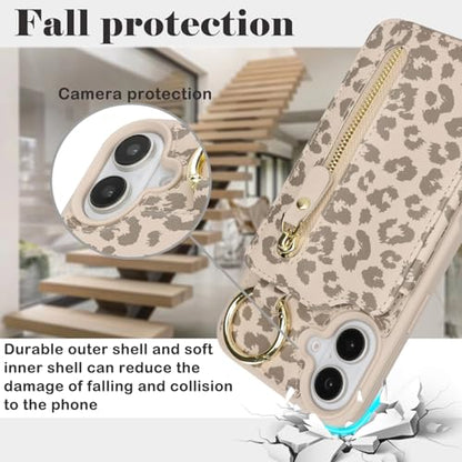 Ｈａｖａｙａ for iPhone 16 case Wallet with Card Holder for Women Men Shockproof Phone case with Keychain Ring Stand Leather Zipper Credit Card Slots-Off White Leopard Print - color: Off White leopard print-Ring