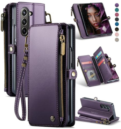 Defencase for Samsung Galaxy Z Fold 6 Wallet Case with Card Holder, Purple | Durable Soft PU Leather, RFID Blcking Zipper Pocket, with S-Pen Holder & Strap, Flip Phone Cases with Stand for Women Men - color: Aesthetic Purple