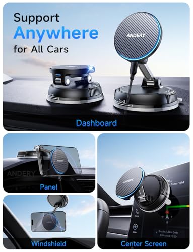 ANDERY Only for iPhone Magsafe Car Mount Charger [15W Fast Wireless Charge, 78+LBS Strong Suction & 2400gf Magnetic] 360° Adjustable Car Phone Holder, Phone Holders for Your Car Dash Accents Accessory