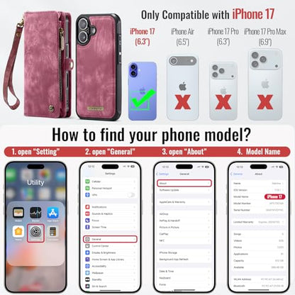 Compatible with iPhone 17 Wallet Case with Magsafe,Red | Magnetic Detachable Case,Card Holder,Zipper Pocket,Strap Wristlet, Soft Leather Drop-Proof Phone Case for iPhone 17 6.3" - color: (Detachable and Magsafe)-Red, size: iPhone 17 6.3 Inch