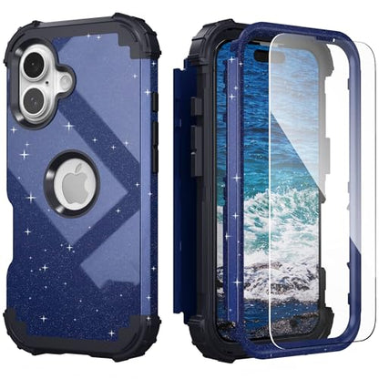IDweel for iPhone 17 Case with Screen Protector for Men, 3 in 1 Shockproof Slim Fit Hybrid Heavy Duty Hard PC Cover Soft Silicone Bumper Full Body Anti-Fingerprint Case, Glitter Blue Black - color: Glitter Blue Black
