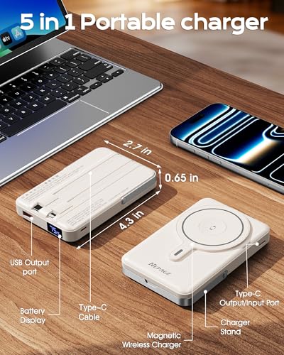 for Magsafe Portable Charger, 10000mAh Power Bank, Creamy White | PD 22.5W Fast Charging with USB-C Cable, Foldable Stand, Magnetic Wireless Charger for iPhone 17/16/15/14/13/12 Series - color: Creamy White