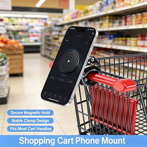 Magnetic Phone Holder Clamp Mount, 360° Adjustable Phone Mount for Treadmill, Golf Cart, Stroller, Shopping Cart & Exercise Equipment, MagSafe Compatible Smartphone Holder for iPhone and Android