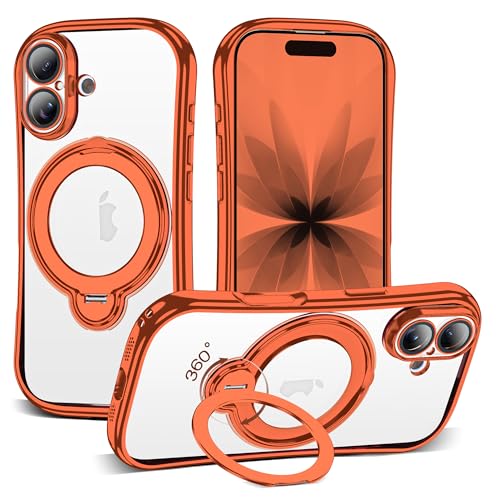 Clear Phone Case for iPhone 17 6.3", Orange | Compatible with iPhone 17 Case with 360° Rotatable Magnetic Ring Stand Full Camera Lens Protector Plating Mag-safe Case - color: Orange, size: Iphone 17