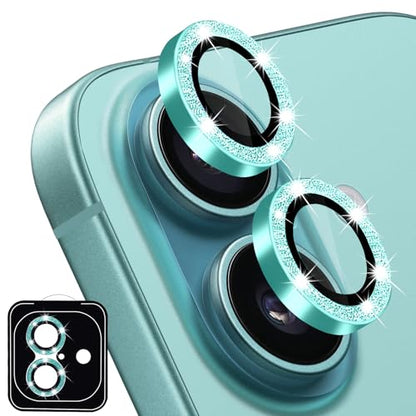 Designed for iPhone 16 and 16 Plus Camera Lens Protector, Bling Glitter Diamond Lens Cover 9H Tempered Glass Camera Cover Anti Scratch Shockproof Screen Protector - color: Teal Glitter