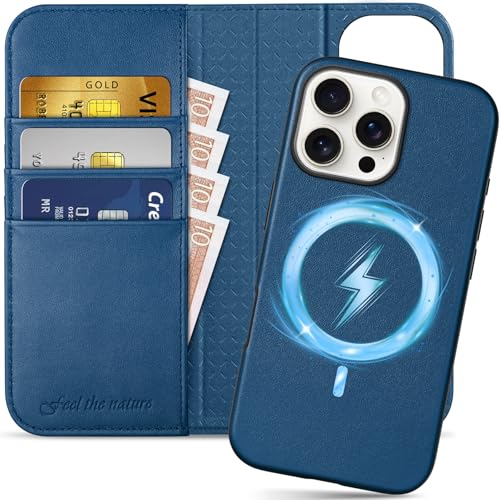 SHIELDON Detachable Genuine Leather Case for iPhone 16 Pro Max, Royal Blue | 2 in 1 Wallet Design, Wireless Charging, RFID Blocking, Credit Card Slot, Flip Magnetic Closure, Kickstand, Shockproof Cover - color: Royal Blue, size: for iPhone 16 Pro Max