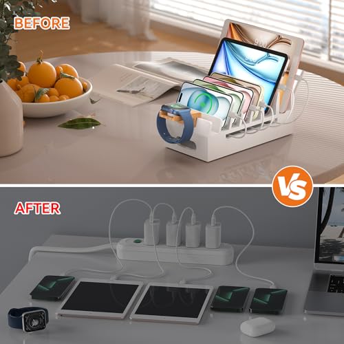 Bamboo Charging Station with 5 Port Charger HUB & 5 Cables-White - color: White