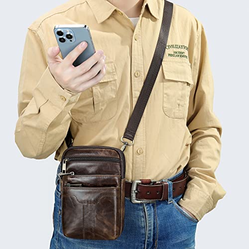 Cell Phone Shoulder Bag Leather Men, Waterproof Phone Waist Bag Messenger Bag Crossbody Purse with Belt Loop Wallet Case - color: Oil Coffee