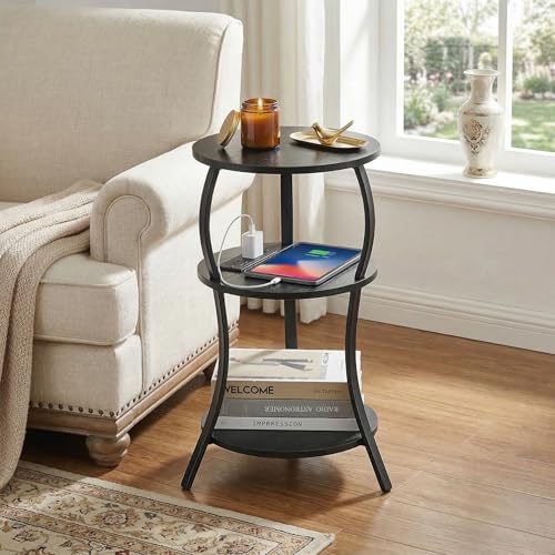 YEAKOO Small Side Table with Charging Station,3-Tier Round end Table - color: Black, style: USB Charger