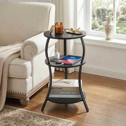 YEAKOO Small Side Table with Charging Station,3-Tier Round end Table - color: Black, style: USB Charger