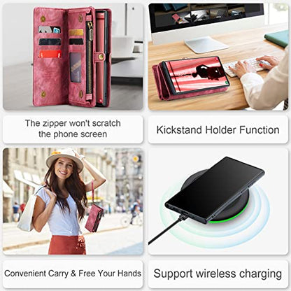 Compatible with Samsung Galaxy S23 Ultra Wallet Case,Zipper Folio Leather Case Wallet with Card Holder Strap Wristlet Detachable Magnetic Protective Back Case for Galaxy S23 Ultra 6.8" (Red) - color: Red, size: S23 Ultra 5G 6.8 Inch