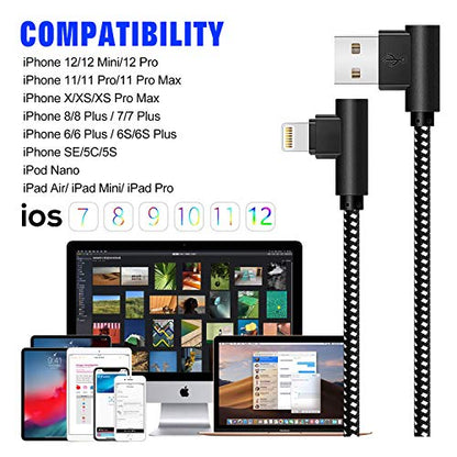[3-Pack] Right Angle iPhone Charging Cable Nylon Braided 90 Degree Elbow Design Compatible with iPhone Xs Max/XS/XR/X, 8 7 6s 6 Plus, SE, 5s, 5c, 5, iPad Mini/Air/Pro (Black White, 10ft) - color: White