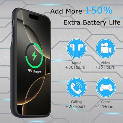 Battery Case for iPhone 16 Pro Max, Upgraded 12000mAh Rechargeable Portable Extended Battery Pack Supported Qi Wireless Charging Case Compatible with iPhone 16 Pro Max (6.9 inch) Charger Cover (Black) - size: iPhone 16 Pro Max (6.9 inch)