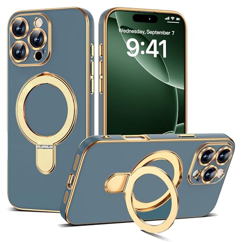 Compatible with iPhone 16 Pro Max Case with Magnetic Ring Stand [Compatible with Mag-Safe] [Full Camera Lens Protector] Soft Plating Phone Case for iPhone 16 Pro Max 6.9", Grey Blue - color: Grey Blue, size: Iphone 16 Pro Max