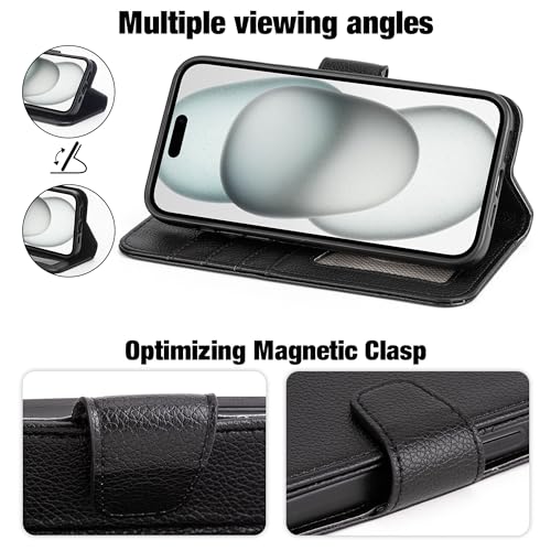 Arae Compatible with iPhone 15 Plus Case with Card Holder and Wrist Strap Wallet Flip Cover for iPhone 15 Plus 6.7 inch Men RFID Blocking Wristlet Kickstand,Litchi Black - color: Litchi Black, size: iPhone 15 Plus 6.7 inch