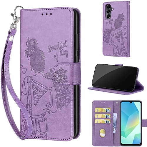 Wallet Case for Samsung Galaxy A16 5G, Purple Girl | Women Flip Folio Cover, Embossed PU Leather, Stand, Credit Card Holders Slots, Wrist Strap - color: 10