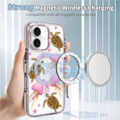 VisEnt Clear Case for iPhone 16, Magnetic Phone Case, Transparent Slim Cover, Military Grade Protection, Shockproof, Anti-Yellowing, Scratch Resistant, Pink Jellyfish Sea Turtle - color: Pink Jellyfish Sea Turtle, size: Iphone 16