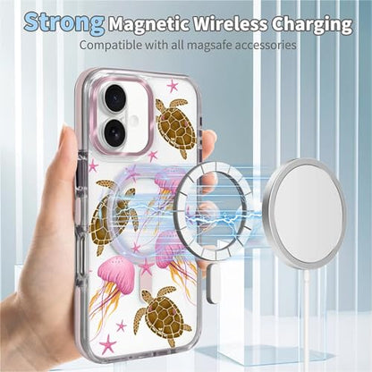 VisEnt Clear Case for iPhone 16, Magnetic Phone Case, Transparent Slim Cover, Military Grade Protection, Shockproof, Anti-Yellowing, Scratch Resistant, Pink Jellyfish Sea Turtle - color: Pink Jellyfish Sea Turtle, size: Iphone 16