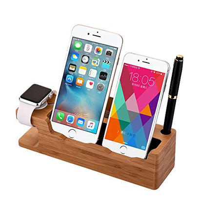 MOOZO Bamboo Wood Desktop Charging Dock Station Charger Holder Cradle Stand Compatible iPhone 16 15 14 13 12 11 Pro Max Apple Watch 2 3 4 / iWatch Samsung Galaxy S8 S7 S6 Edge Plus LG HTC Smartphones - color: 3 in 1 Charger Stand