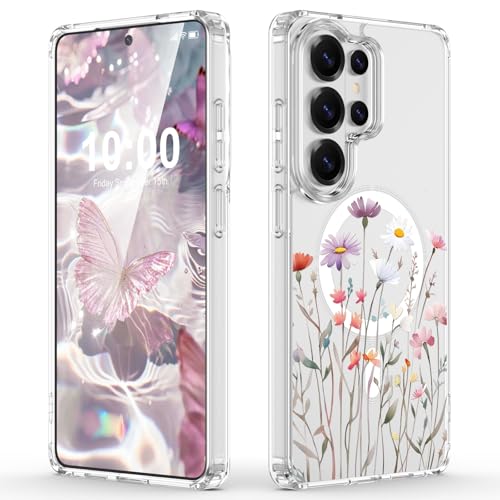 Designed for Samsung Galaxy S26 Ultra Case Magnetic Clear with Flower Pattern Shockproof Protective Phone Case Cover for Women Girls - color: Flower, size: s26 ultra case