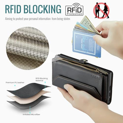 for Samsung Galaxy S24 Ultra Wallet Case with Card Holder, Black | RFID Blocking Slots, Crossbody Lanyard, Wrist Strap, Zipper Pocket Purse Handbag, Magnetic Closure - color: Black, size: Galxay S24 Ultra