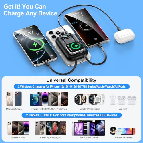 Magnetic Portable Charger 10000mAh Wireless Power Bank with Built-in Cables - color: Black