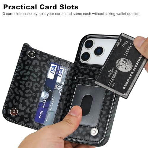 HAOPINSH Wallet Case with Card Holder for iPhone 17 Pro, Black Leopard Cheetah Pattern Back Flip Folio PU Leather Kickstand Card Slots Case for Women, Double Magnetic Clasp Shockproof 6.3" - color: Black Leopard