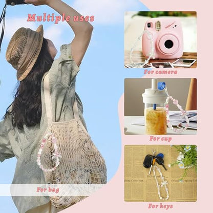 Pink Beaded Phone Wrist Straps, Y2K Phone Case Charms Camera Charm Strap, Lanyard Keychain Wristlet Aesthetic Cellphone Charm - style: 2 Cute Pink & White Strawberry