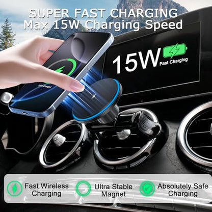 MagSafe Car Mount for Mercedes-Benz [15W Wireless Charging], Round Air Vent Holder, Compatible with Mercedes Benz GLC, C-Class, E-Class, A/B/C-Class, GLC/GLB/GLA/Sprinter, Mercedes Benz Accessories - style: Magsafe+Wireless Charger