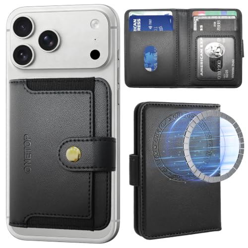 ONETOP for MagSafe Wallet,Magnetic Phone Wallet with 5 Card Slots,Black | 1-12 Cards/Cash Holder for iPhone 17/16/15/14/13/12 Series,Detachable Wallet Stick-On Back,PU Leather RFID Blocking Kickstand - color: Black