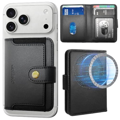 ONETOP for MagSafe Wallet,Magnetic Phone Wallet with 5 Card Slots,Black | 1-12 Cards/Cash Holder for iPhone 17/16/15/14/13/12 Series,Detachable Wallet Stick-On Back,PU Leather RFID Blocking Kickstand - color: Black