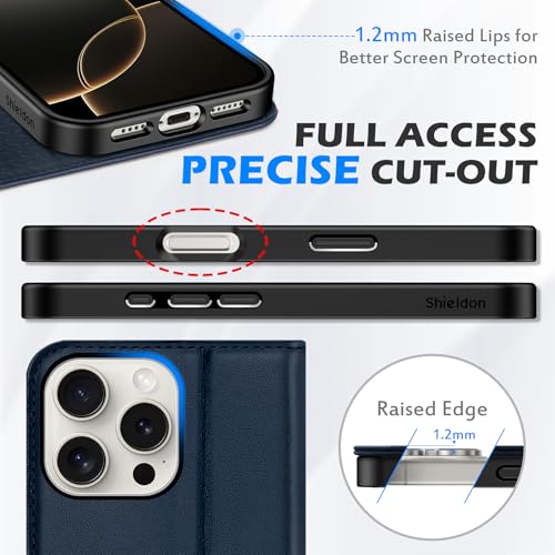 SHIELDON Genuine Leather Case Wallet for iPhone 16 Pro Max 6.9", Navy Blue | Magnetic Closure, RFID Blocking, Credit Card Slot, Viewing Stand, Foldable Design, Shockproof TPU Phone Cover - color: Navy Blue
