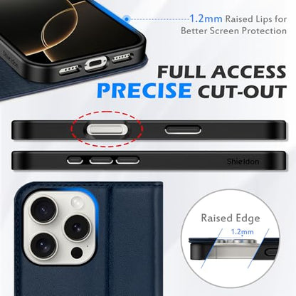 SHIELDON Genuine Leather Case Wallet for iPhone 16 Pro Max 6.9", Navy Blue | Magnetic Closure, RFID Blocking, Credit Card Slot, Viewing Stand, Foldable Design, Shockproof TPU Phone Cover - color: Navy Blue