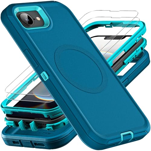 YKHJKLEC for iPhone 16e Case, Compatible with Magsafe, Military Grade 3 in 1 Heavy Duty Shockproof/Drop Proof/Dust Proof Case with 2Pcs Tempered Glass Screen Protector (New-Blue/Turquoise) - color: New-Blue/Turquoise