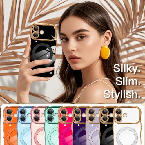 tharlet for iPhone 17 Case Black with 360° Spin Magnetic Stand | Cute Luxury Plating Gold Curly Wave Edge, [Compatible with Magsafe] Full Camera Lens Protection ,Women Girl daily matching - color: Black Curly Edge, size: iPhone 17