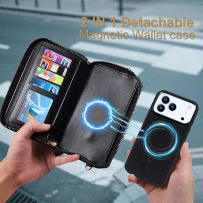 Harryshell Compatible with iPhone 17 Pro Max Case Wallet Multi Zipper Detachable Removable Cover Purse with RFID Blocking Card Slots Holder Mirror Crossbody Strap (Compatible with Magsafe - Black) - color: Compatible with Magsafe - Black, size: iPhone 17