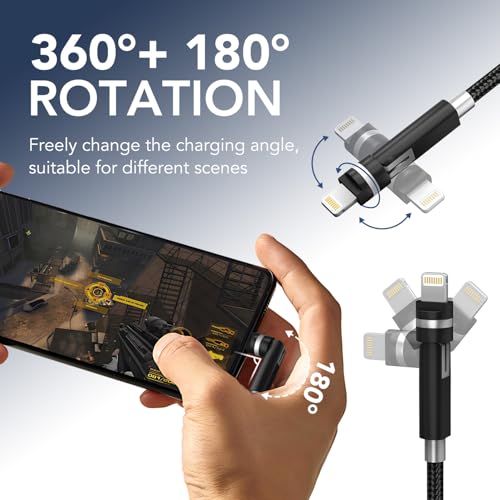 90 Degree Lightning Cable with 360 Rotating Head - 6.6FT MFi Right Angle Nylon Braided iPhone Charger Cord with 2.4A Fast Charge, Data Sync, CarPlay for iPhone14/13/12/11/X/8