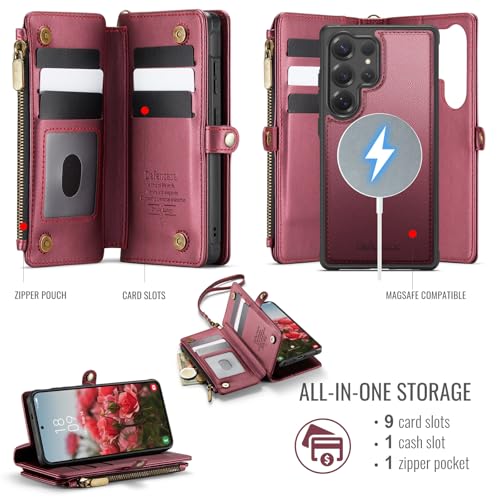 Defencase for Galaxy S24 Ultra Case Wallet Compatible with Magsafe, WineRed | Magnetic Detachable, RFID Bolcking Card Holder, Zipper Strap, PU Leather Drop-Proof Phone Cover for Samsung Galaxy S24 Ultra - color: (Detachable with Magsafe)-Wine Red
