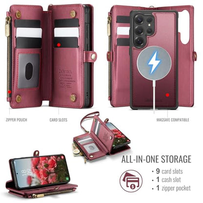 Defencase for Galaxy S25 Ultra Case Wallet Compatible with Magsafe, WineRed | Magnetic Detachable, RFID Bolcking Card Holder, Zipper Strap, PU Leather Drop-Proof Phone Cover for Samsung Galaxy S25 Ultra - color: (Detachable with Magsafe)-Wine Red
