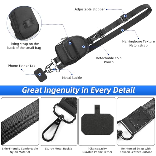 Clip and Go Strap for Phone with Wallet Crossbody, Adjustable Phone Lanyard with Cell Phone Wrist Strap & Tether Tab - color: Black