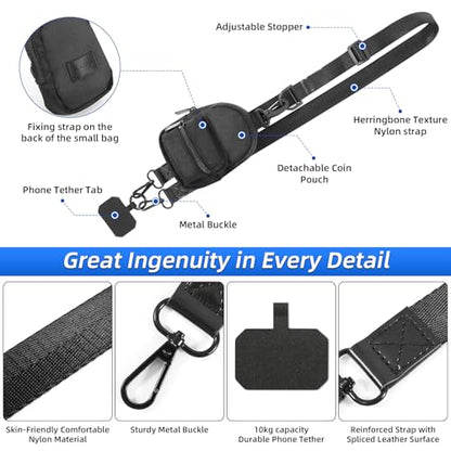 Clip and Go Strap for Phone with Wallet Crossbody, Adjustable Phone Lanyard with Cell Phone Wrist Strap & Tether Tab - color: Black