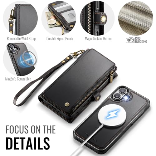 Defencase for iPhone 17 Phone Case Wallet Compatible with Magsafe, Black | Magnetic Detachable, Drop-Proof Protective Wallet Cases Cover, with RFID Bolcking Card Holder, Zipper Strap, Soft PU Leather - color: (Detachable with Magsafe)-Black